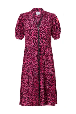 Women Scamp & Dude Pink with Black Wild Leopard Zip Detail Tiered Short Dress