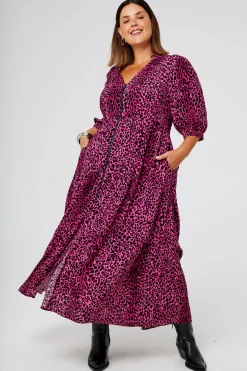 Women Scamp & Dude Pink with Black Wild Leopard Zip Detail Tiered Midi Dress