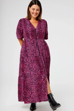 Women Scamp & Dude Pink with Black Wild Leopard Zip Detail Tiered Midi Dress