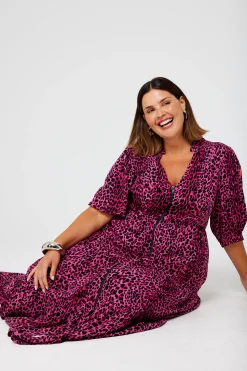 Women Scamp & Dude Pink with Black Wild Leopard Zip Detail Tiered Midi Dress