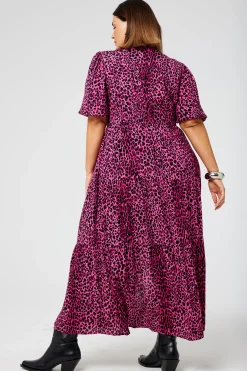 Women Scamp & Dude Pink with Black Wild Leopard Zip Detail Tiered Midi Dress