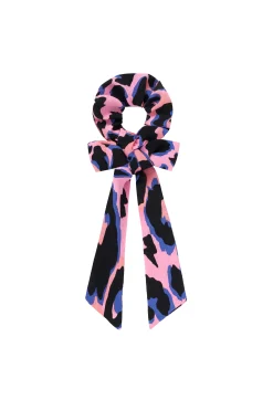 Women Scamp & Dude Pink with Blue and Black Shadow Leopard Surplus Fabric Bow Scrunchie
