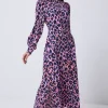 Women Scamp & Dude Pink with Blue and Black Shadow Leopard Blouson Sleeve Midi Dress