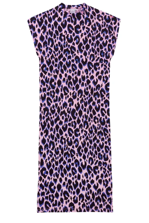 Women Scamp & Dude Pink with Blue and Black Shadow Leopard Midi T-Shirt Dress