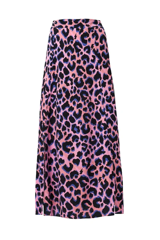 Women Scamp & Dude Pink with Blue and Black Shadow Leopard Split Front Skirt