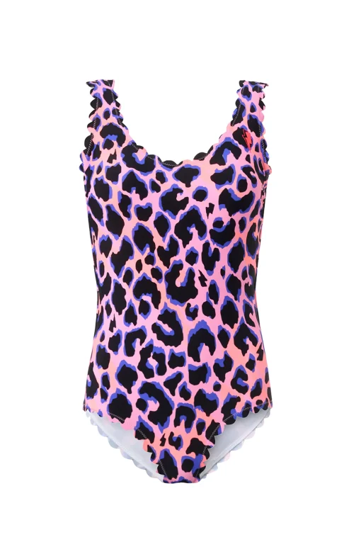 Women Scamp & Dude Pink with Blue and Black Shadow Leopard Scallop Edge Swimsuit