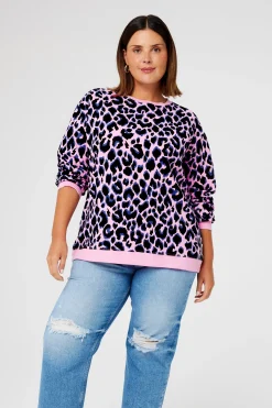 Women Scamp & Dude Pink with Blue and Black Shadow Leopard Oversized Sweatshirt