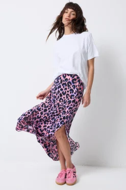 Women Scamp & Dude Pink with Blue and Black Shadow Leopard Split Front Skirt
