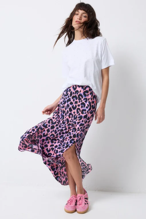 Women Scamp & Dude Pink with Blue and Black Shadow Leopard Split Front Skirt