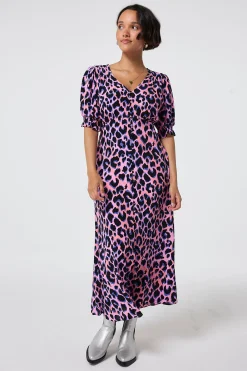 Women Scamp & Dude Pink with Blue and Black Shadow Leopard Flute Sleeve Midi Tea Dress