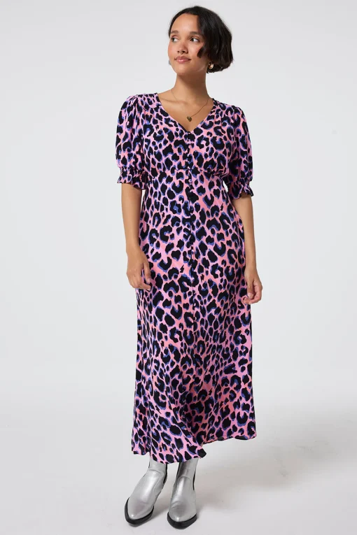 Women Scamp & Dude Pink with Blue and Black Shadow Leopard Flute Sleeve Midi Tea Dress
