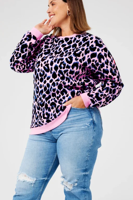 Women Scamp & Dude Pink with Blue and Black Shadow Leopard Oversized Sweatshirt