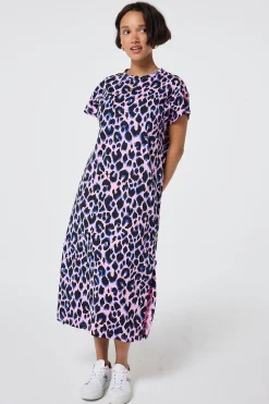 Women Scamp & Dude Pink with Blue and Black Shadow Leopard Midi T-Shirt Dress