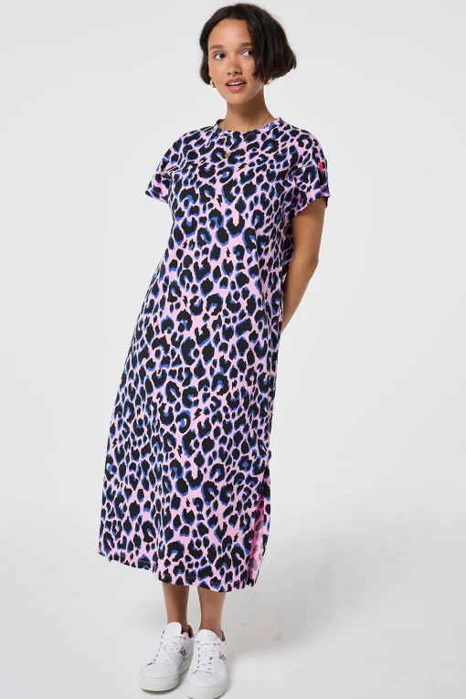 Women Scamp & Dude Pink with Blue and Black Shadow Leopard Midi T-Shirt Dress