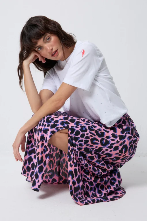 Women Scamp & Dude Pink with Blue and Black Shadow Leopard Split Front Skirt