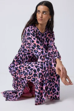 Women Scamp & Dude Pink with Blue and Black Shadow Leopard Blouson Sleeve Midi Dress