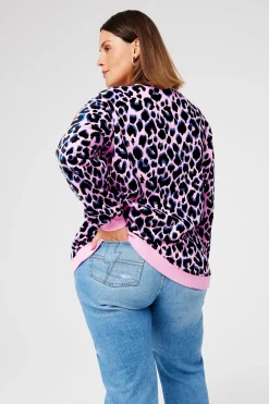Women Scamp & Dude Pink with Blue and Black Shadow Leopard Oversized Sweatshirt