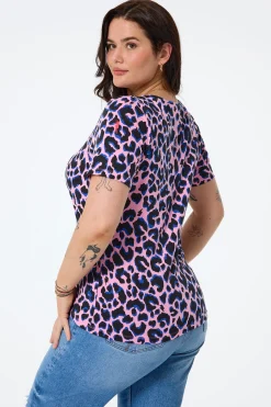 Women Scamp & Dude Pink with Blue and Black Shadow Leopard V-Neck T-Shirt