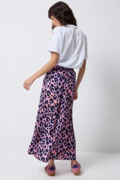 Women Scamp & Dude Pink with Blue and Black Shadow Leopard Split Front Skirt