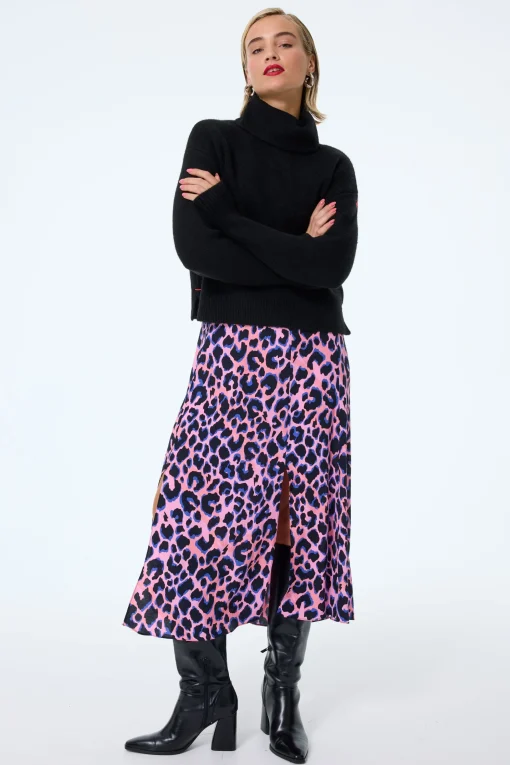 Women Scamp & Dude Pink with Blue and Black Shadow Leopard Split Front Skirt