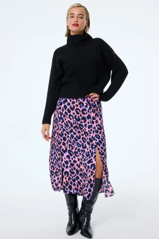 Women Scamp & Dude Pink with Blue and Black Shadow Leopard Split Front Skirt