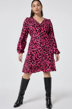 Women Scamp & Dude Pink with Red and Black Pop Leopard Blouson Sleeve Godet Short Dress