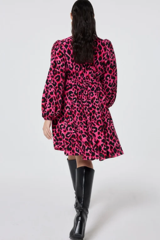 Women Scamp & Dude Pink with Red and Black Pop Leopard Blouson Sleeve Godet Short Dress
