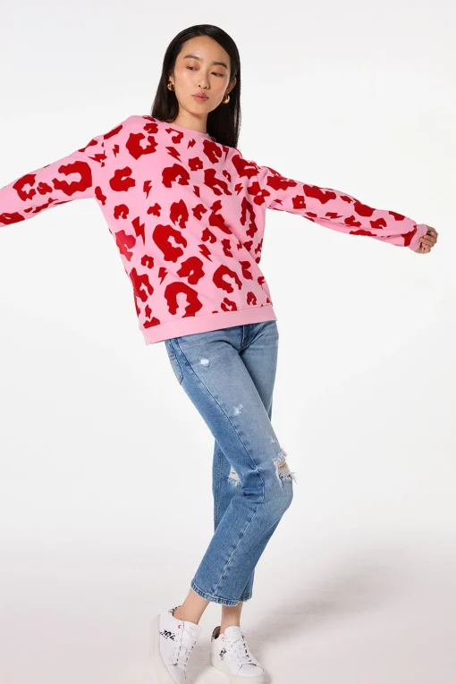 Women Scamp & Dude Pink with Red Mega Leopard Oversized Sweatshirt