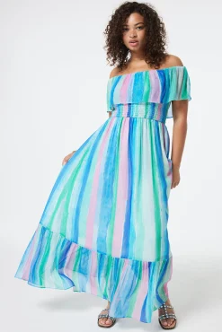 Women Scamp & Dude Rainbow Stripe Bardot Maxi Dress