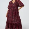Women Scamp & Dude Red with Black and Gold Foil Chiffon Tiered Maxi Dress