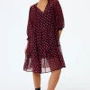 Women Scamp & Dude Red with Black and Gold Foil Chiffon Tiered Short Dress