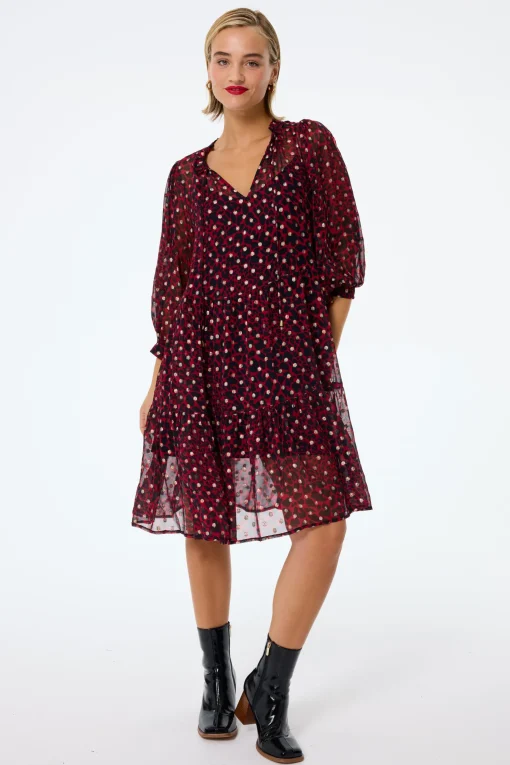 Women Scamp & Dude Red with Black and Gold Foil Chiffon Tiered Short Dress