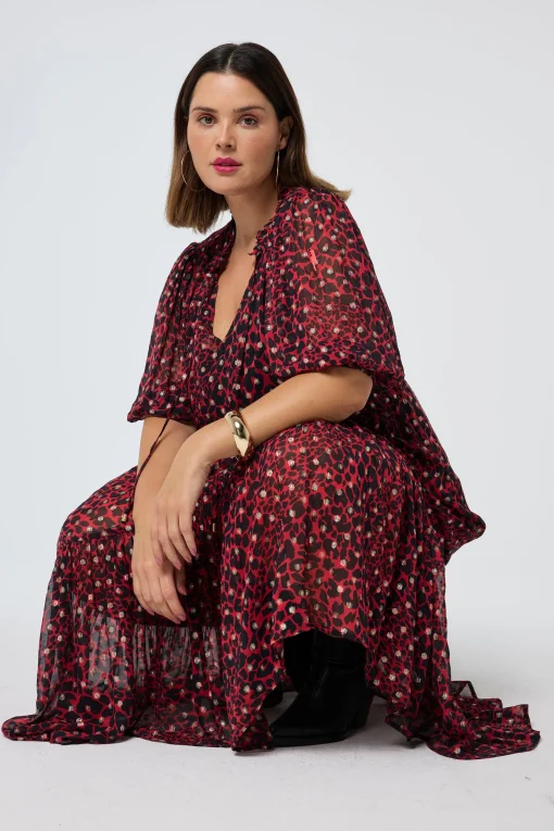 Women Scamp & Dude Red with Black and Gold Foil Chiffon Tiered Maxi Dress
