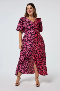 Women Scamp & Dude Red with Pink and Black Mix Pop Leopard Puff Sleeve Midi Tea Dress