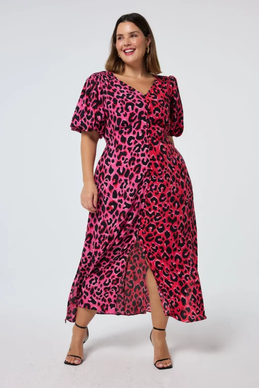 Women Scamp & Dude Red with Pink and Black Mix Pop Leopard Puff Sleeve Midi Tea Dress