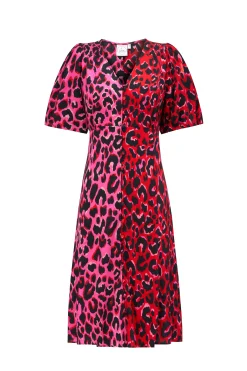 Women Scamp & Dude Red with Pink and Black Mix and Match Pop Leopard Puff Sleeve Short Tea Dress