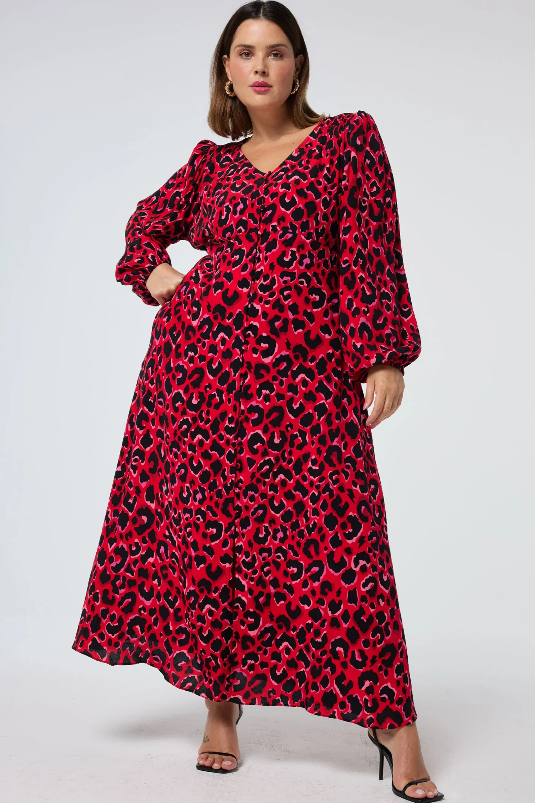 Women Scamp & Dude Red with Pink and Black Pop Leopard Blouson Sleeve Midi Tea Dress