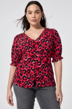Women Scamp & Dude Red with Pink and Black Pop Leopard Button Through Blouse