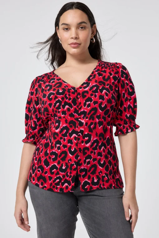 Women Scamp & Dude Red with Pink and Black Pop Leopard Button Through Blouse