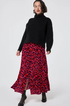 Women Scamp & Dude Red with Pink and Black Pop Leopard Button Through Skirt