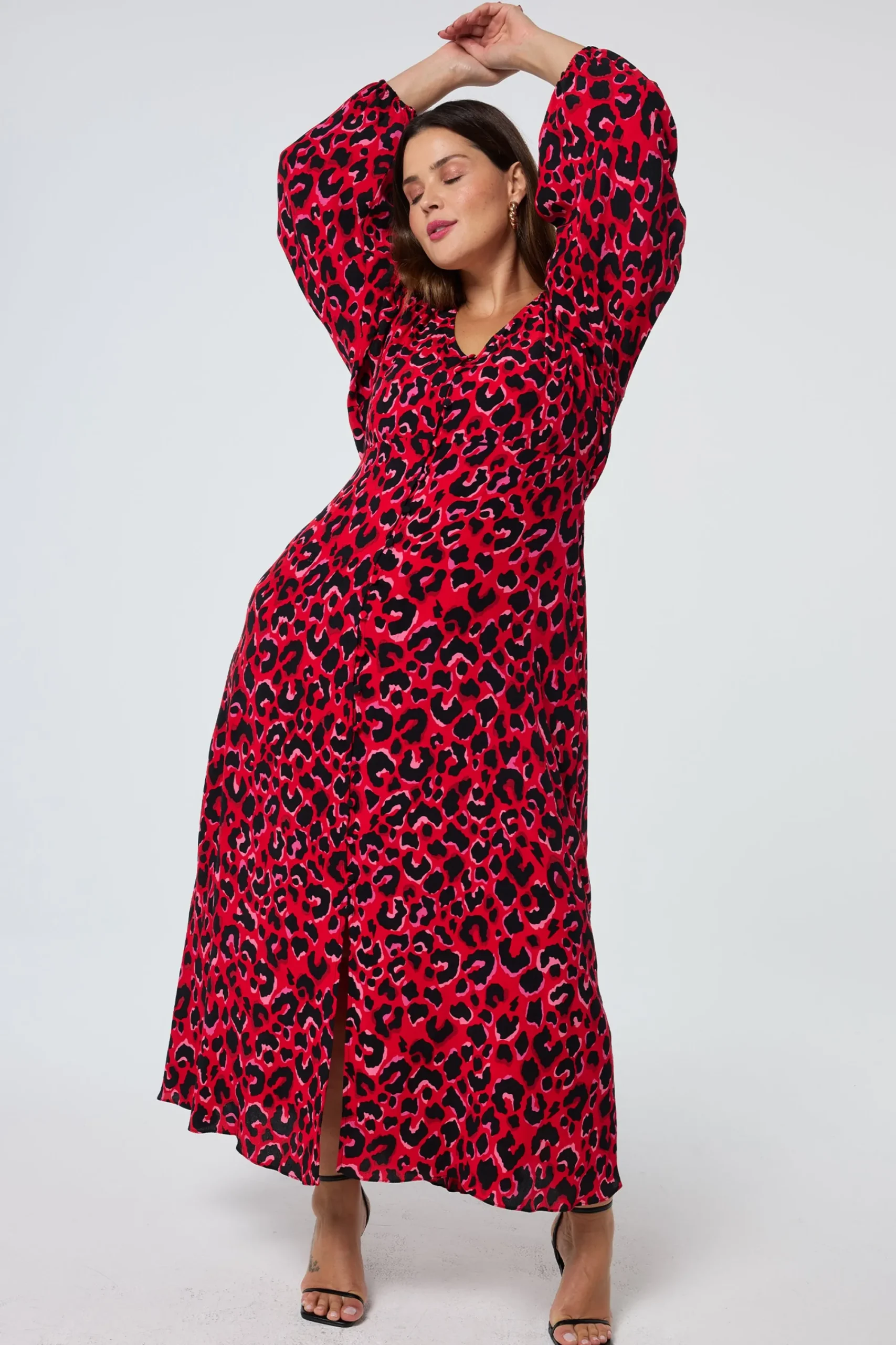 Women Scamp & Dude Red with Pink and Black Pop Leopard Blouson Sleeve Midi Tea Dress