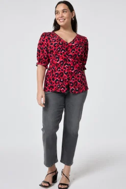 Women Scamp & Dude Red with Pink and Black Pop Leopard Button Through Blouse