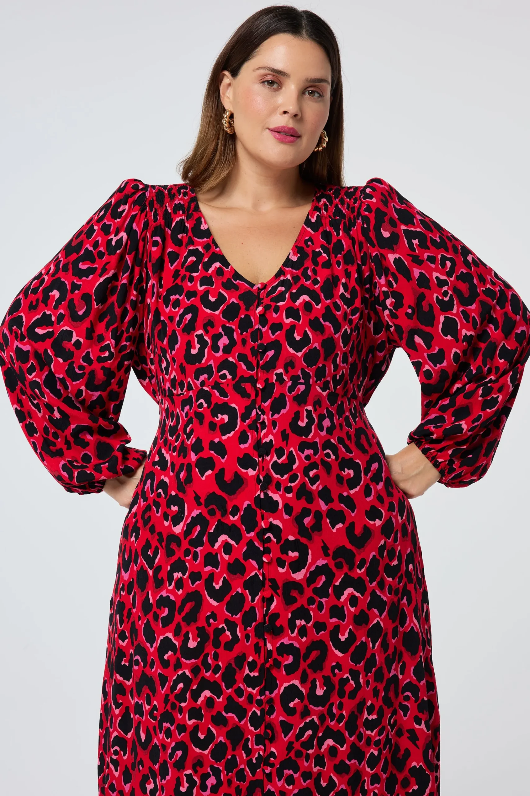 Women Scamp & Dude Red with Pink and Black Pop Leopard Blouson Sleeve Midi Tea Dress