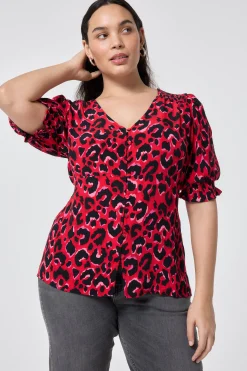 Women Scamp & Dude Red with Pink and Black Pop Leopard Button Through Blouse