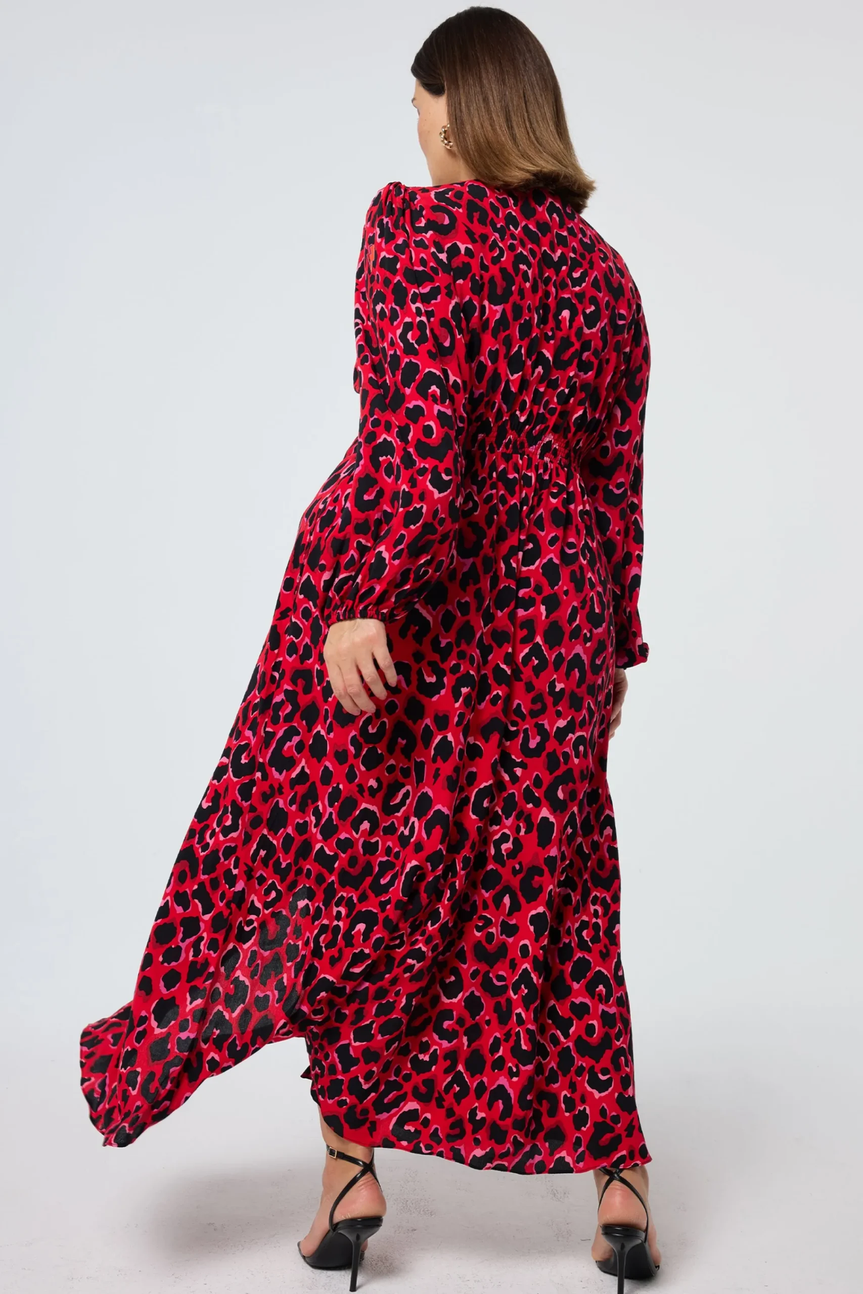 Women Scamp & Dude Red with Pink and Black Pop Leopard Blouson Sleeve Midi Tea Dress