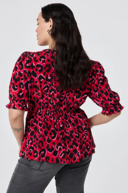 Women Scamp & Dude Red with Pink and Black Pop Leopard Button Through Blouse