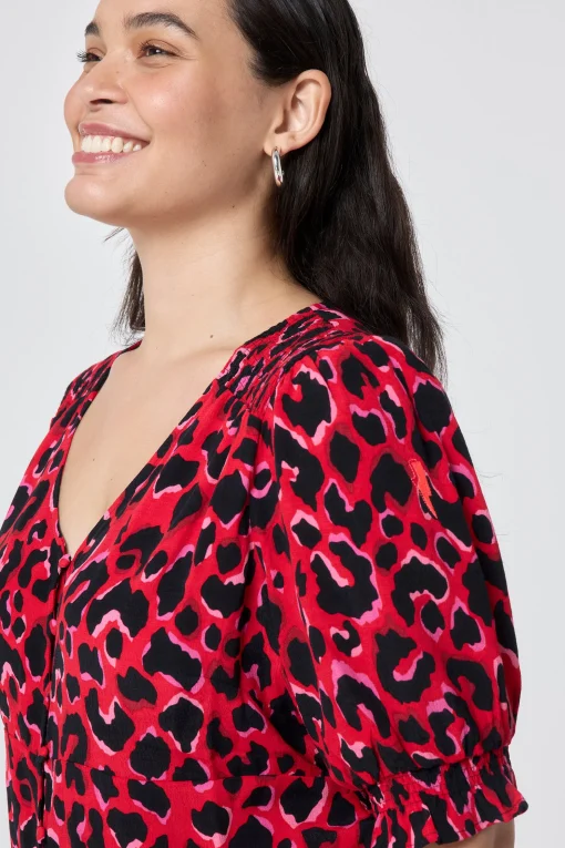 Women Scamp & Dude Red with Pink and Black Pop Leopard Button Through Blouse