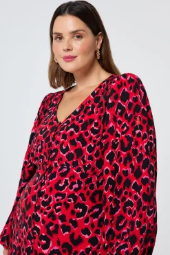 Women Scamp & Dude Red with Pink and Black Pop Leopard Blouson Sleeve Midi Tea Dress