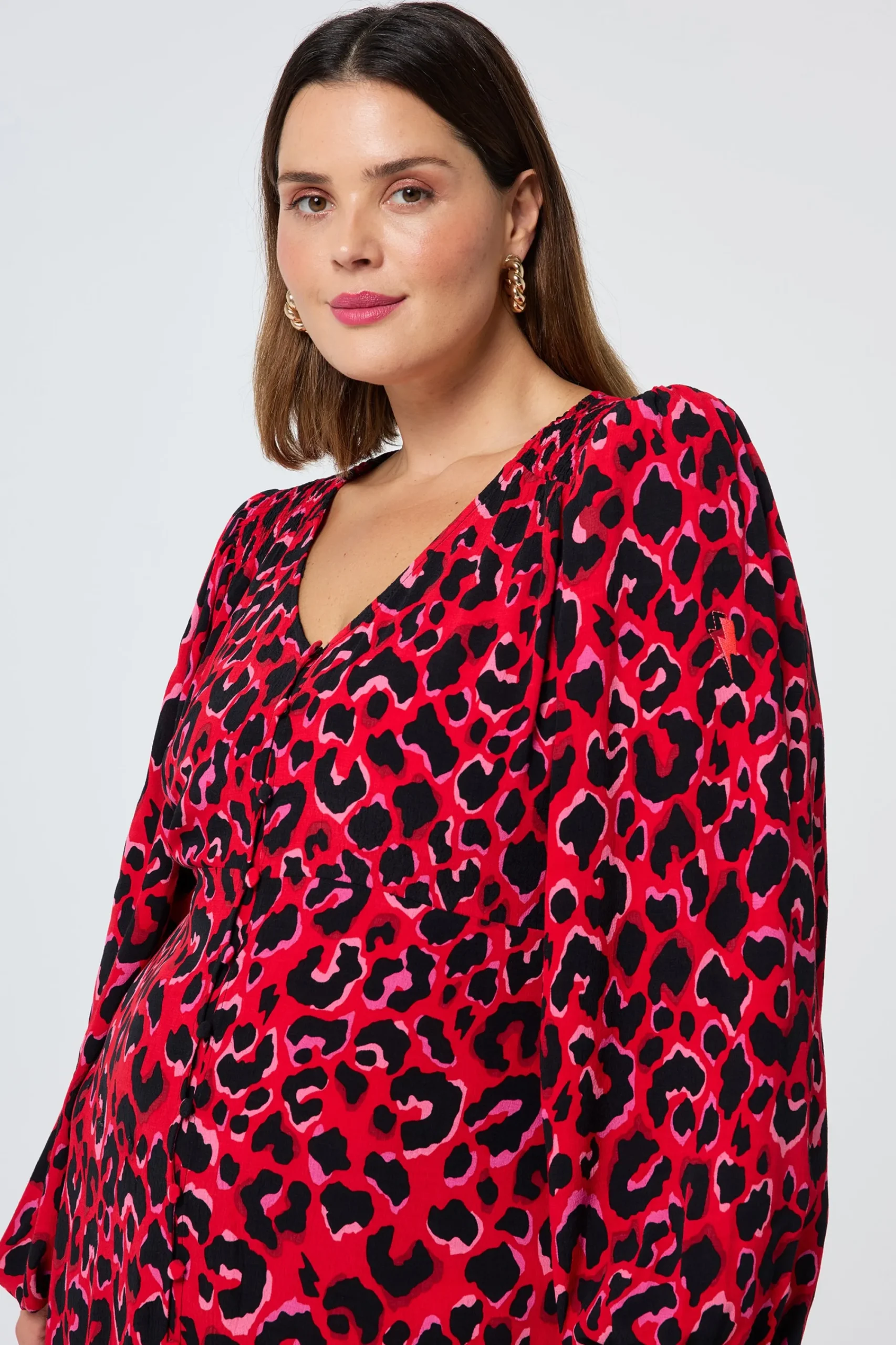 Women Scamp & Dude Red with Pink and Black Pop Leopard Blouson Sleeve Midi Tea Dress