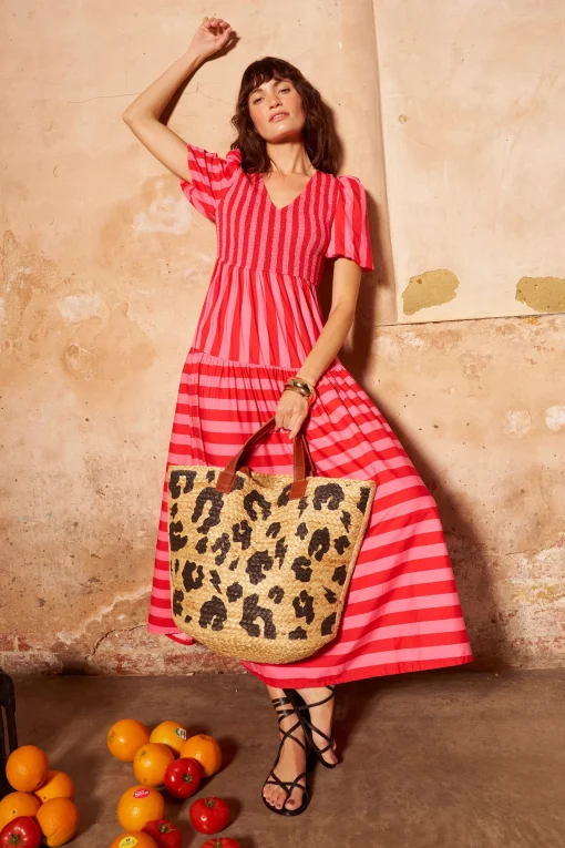 Women Scamp & Dude Red with Pink Stripe Puff Sleeve Maxi Dress
